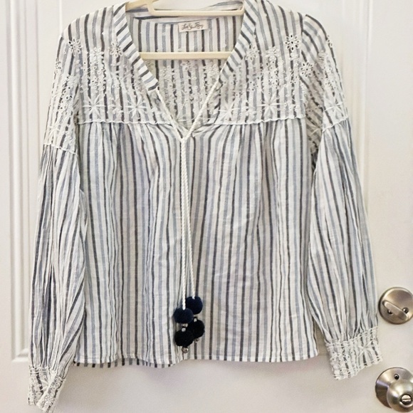LoveShackFancy Tops - LoveShackFancy Peasant Blouse Striped w/ Pompoms XS